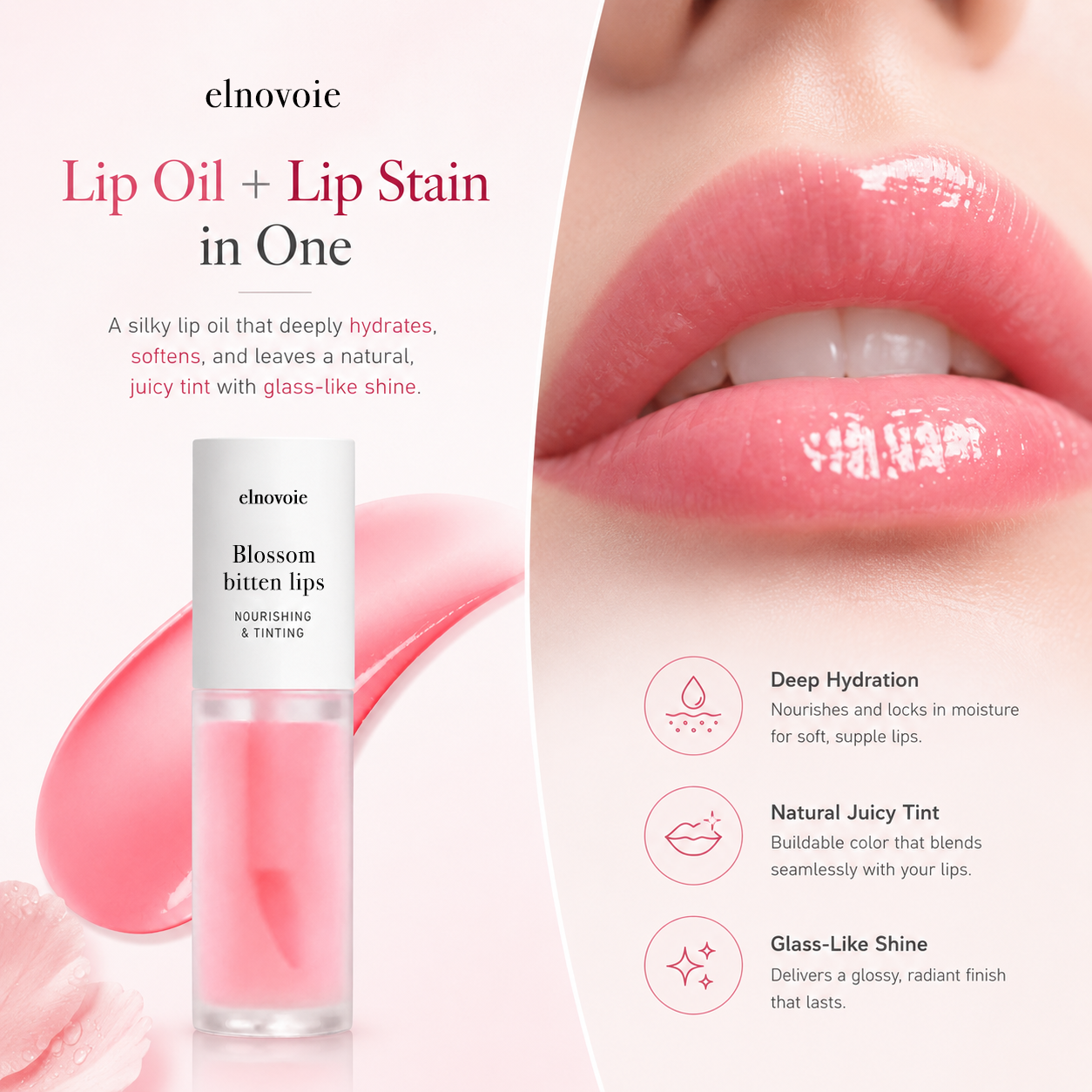 2-in-1 Hydrating Lip Oil Stain for Natural Tint & Glass-Like Shine