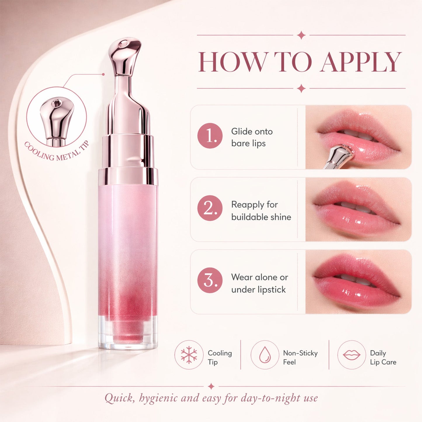 The Lip Serum for Glass Skin: "Non-Sticky & Non-Greasy Formula, 12-Hour Glass-Like Shine